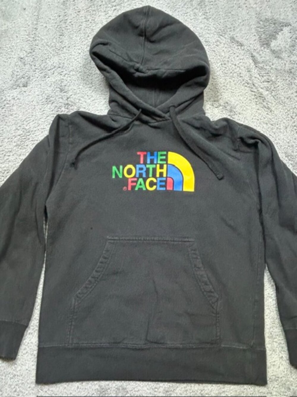 The North Face Hoodie Men's M Black Rainbow Spell Out Logo Sweatshirt *HOLE